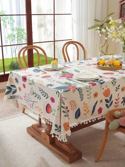 1pc Easter Floral & Tassel Rabbit Flower Rectangular Tablecloth For Coffee Table, Dining Table