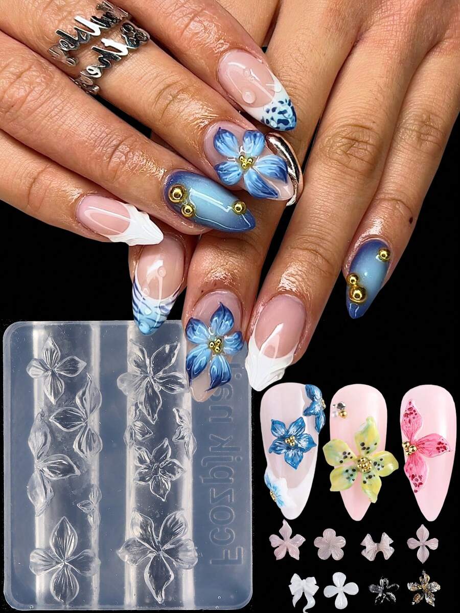 1件百合花美甲雕刻模具，浮雕芙蓉花瓣图案设计模板，DIY美甲印花工具，美甲用品，美甲工具，美甲工具，返校季，美甲，美甲工具（适用于美甲贴纸） - 無色 - 查看 1