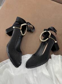 Tacones gruesos elegantes con decoración de cristales y perlas para niña, talla grande, adecuados para vestidos formales y ocasiones, con correa de tobillo ajustable