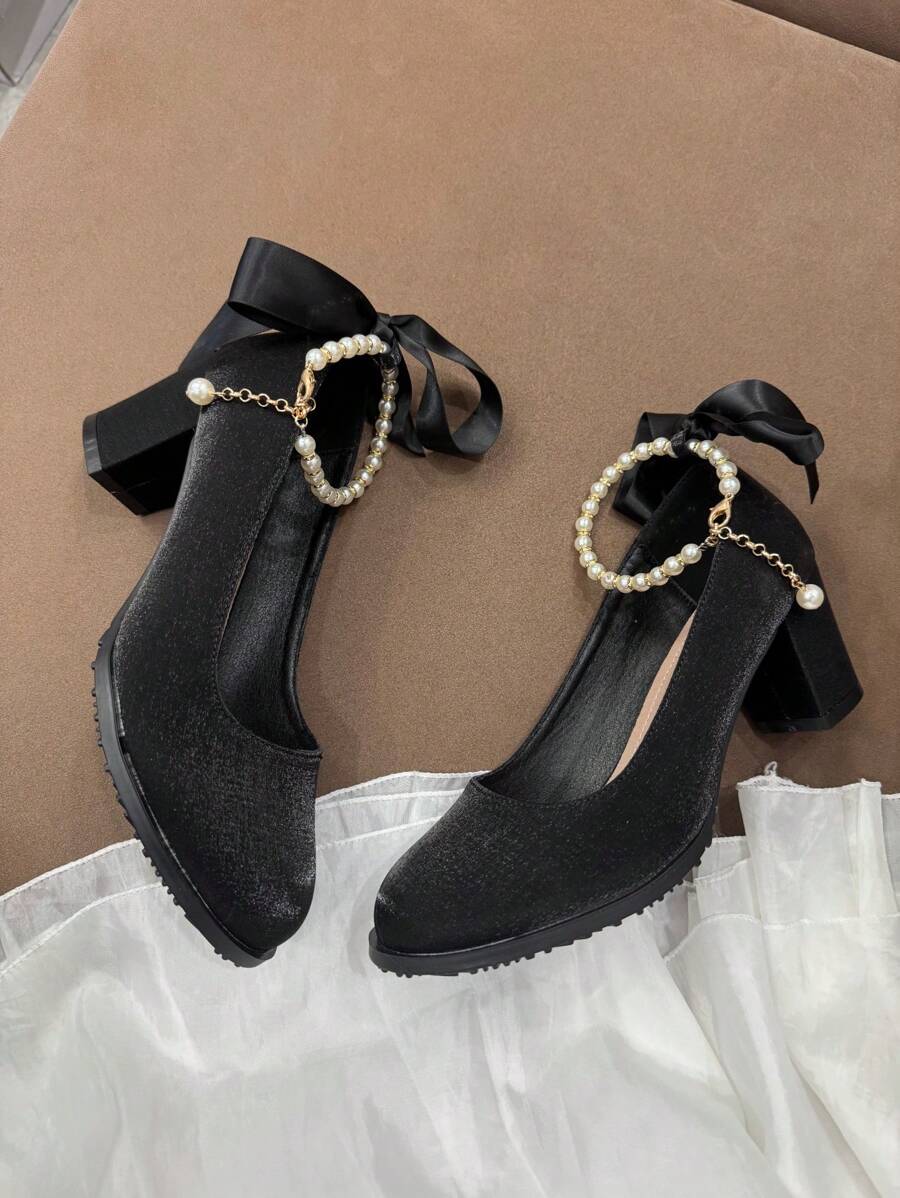 Tacones gruesos elegantes con decoración de cristales y perlas para niña, talla grande, adecuados para vestidos formales y ocasiones, con correa de tobillo ajustable