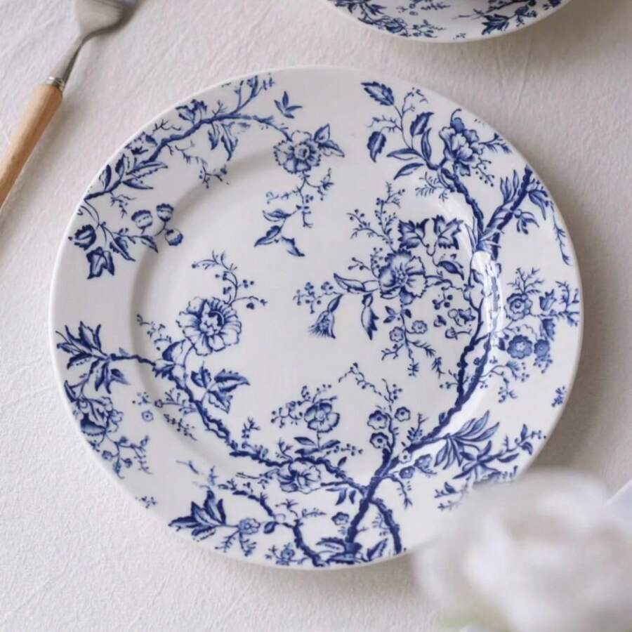 1pc New Vintage Blue & White Ceramic Plate, Antique Style Floral Plate, High-End Breakfast/Dessert Plate Suitable For Daily Use - Multicolor - View 1