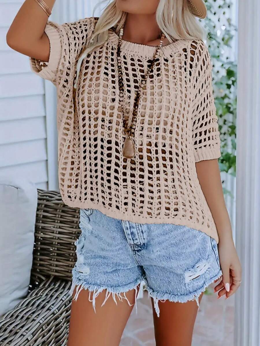 Women's Hollow Out Round Neck Short Sleeve Knit Pullover Sweater, Suitable For Beach Vacation Or Cover-Up In Spring/Summer - Khaki - View 1