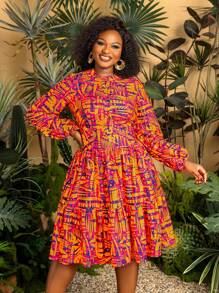 Faeriesty 加上别致的中长连衣裙，小圆领，长喇叭袖，和充满活力的几何印花 - 非常适合热带海滩派对，夏季度假装和度假（轻盈和不分季节的设计）夏季连衣裙春季服装 - 橘色 - 查看 5