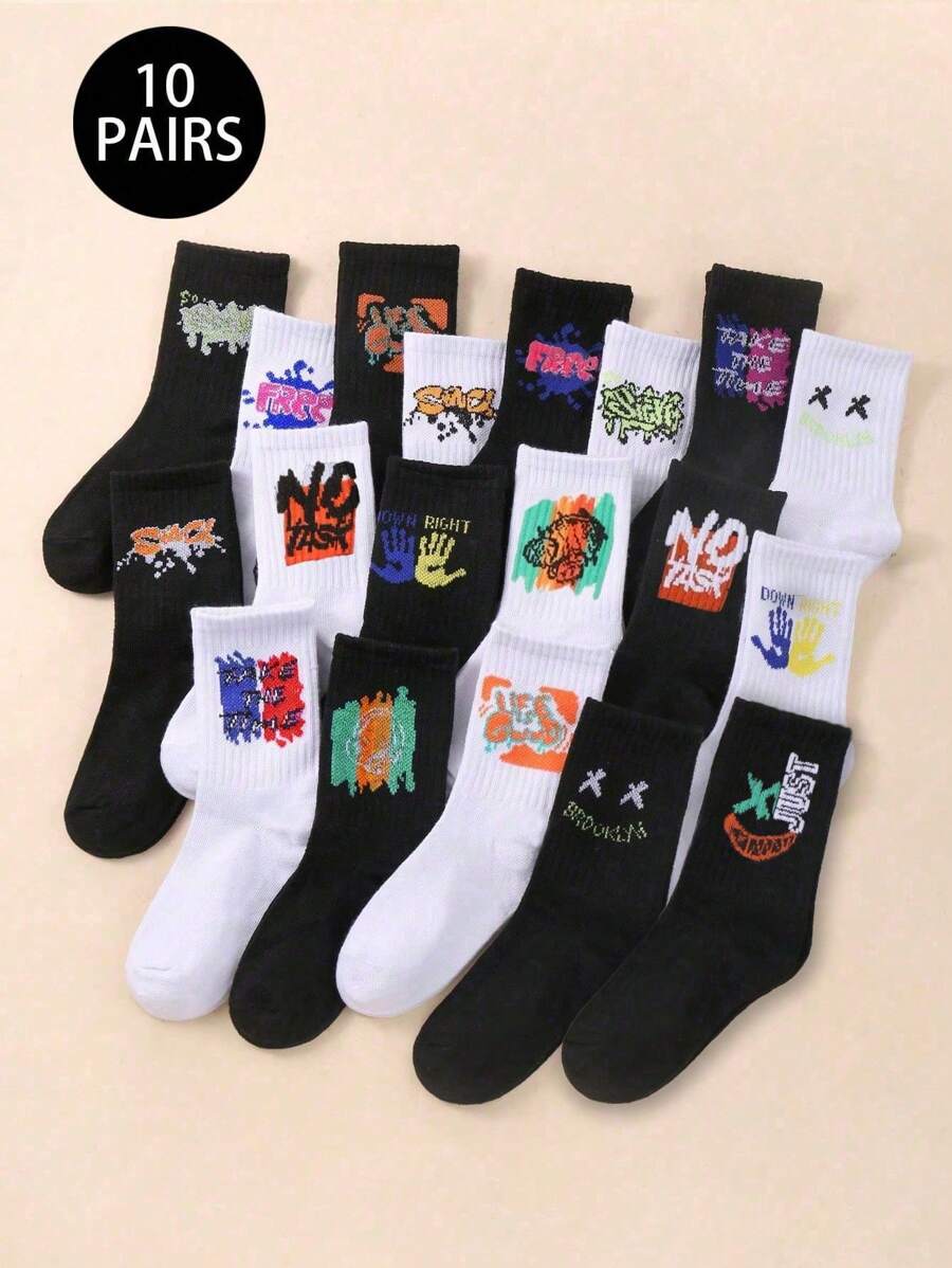 10pairs Random Black-And-White Teenagers Boy's Street Style Casual Sporty Graffiti Mid-Calf Socks - Multicolor - View 1