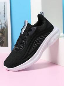 男士轻便运动跑步鞋，透气系带黑白男女款运动鞋，情侣款