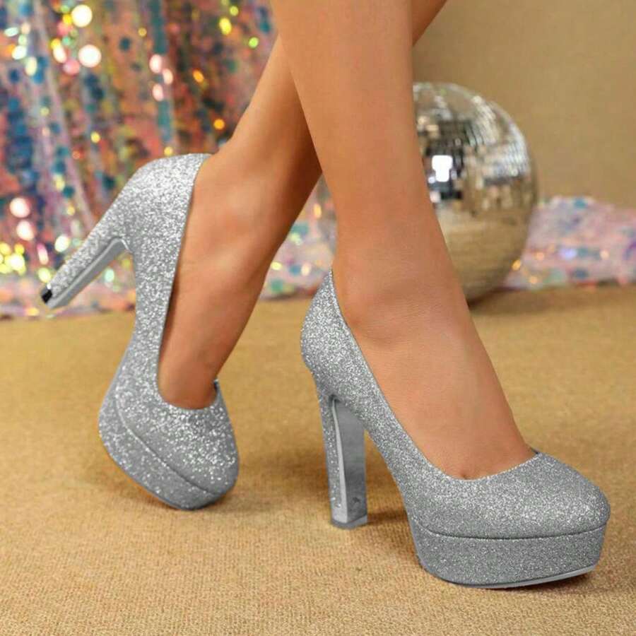Zapatos de tacón de aguja para mujeres,moda para dama zapatilla con glitter para fiesta de noche - Plateado - Ver 1