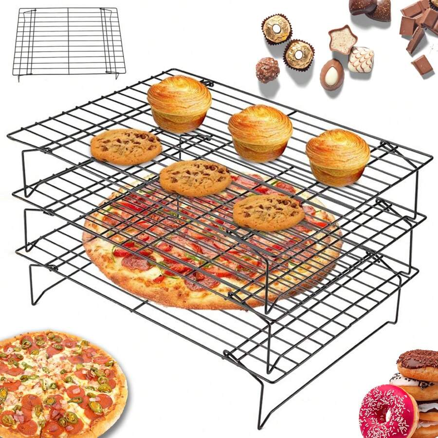 3 Pcs Rejillas para Enfriar, rejilla para enfriar pasteles,Rejilla para Asador,Acero inoxidable extraíble y apilable,Aplicable Hornear en Casa, Cumpleaños y bodas,elaboración de tartas y galletas. - Negro - Ver 1