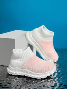 1 par de tênis esportivos leves para bebês/crianças pequenas, primavera/verão, com tecido de malha elástica de dois tons, respirável, macio, sem cadarço, casual, fashion, tênis - Rosa - Ver 1