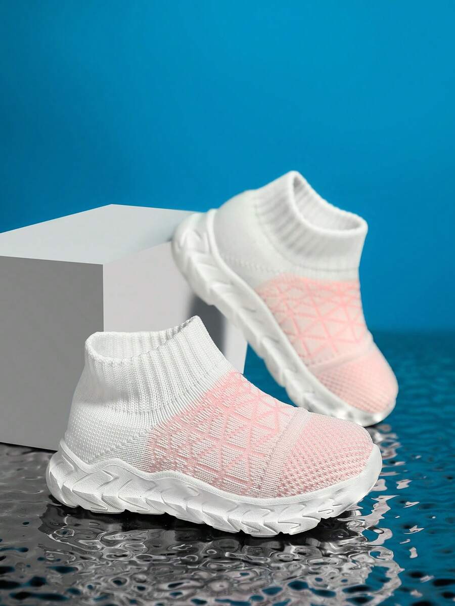 1 par de tênis esportivos leves para bebês/crianças pequenas, primavera/verão, com tecido de malha elástica de dois tons, respirável, macio, sem cadarço, casual, fashion, tênis - Rosa - Ver 1