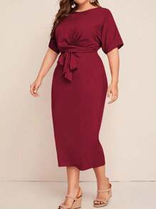 Đầm ngắn tay cổ tròn thắt nơ dáng mini dành cho nữ cỡ lớn, thời trang thanh lịch mùa hè. - Màu Đỏ Sâu - Xem 4