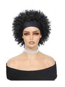 Parrucca con fascia nera con frangia per capelli afro corti sintetici, parrucca con fasce a righe bianche e nere, parrucca nera naturale con fascia attaccata, parrucche riccio crespo di 4 pollici
