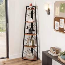 Corner Shelf 5 Tiers, Industrial Bookshelf Modern Floorstanding Corner Bookcase Ladder Shelf Wooden Open Display Shelving Unit For Living Room, Hallway, Home Office, Rustic Brown Book Shelf - Apricot - View 2