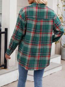 Women's Fall Button Down Shirts With Pockets Plaid Pattern Turn Down Collar Long Sleeve Casual Tops - Green - View 6