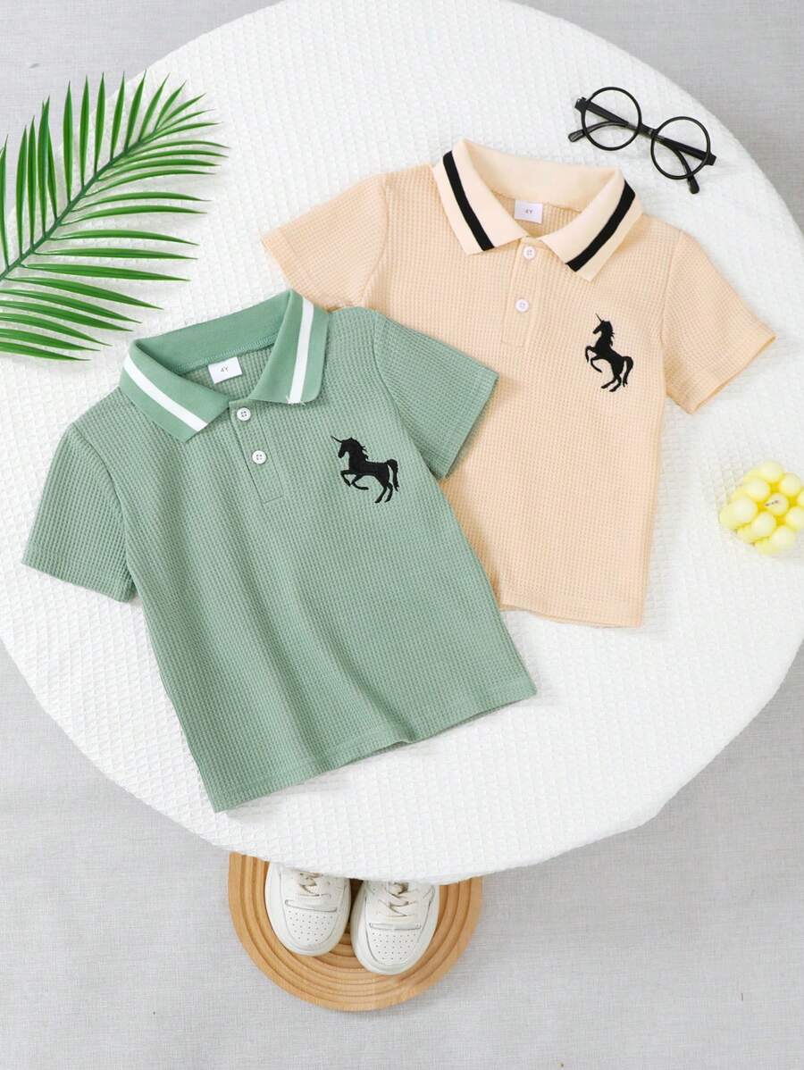 2pcs Casual Polo Collar Embroidered Top, Summer - Multicolor - View 1