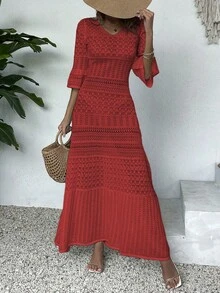 优雅女士时尚休闲V领长袖针织连衣裙，纯白色夏季海滩度假风，简约复古硬币设计，修身镂空剪裁，随机印花图案，适合返校季、秋冬季女装，圣诞节、感恩节和新年长款派对礼服 - 紅色 - 查看 6