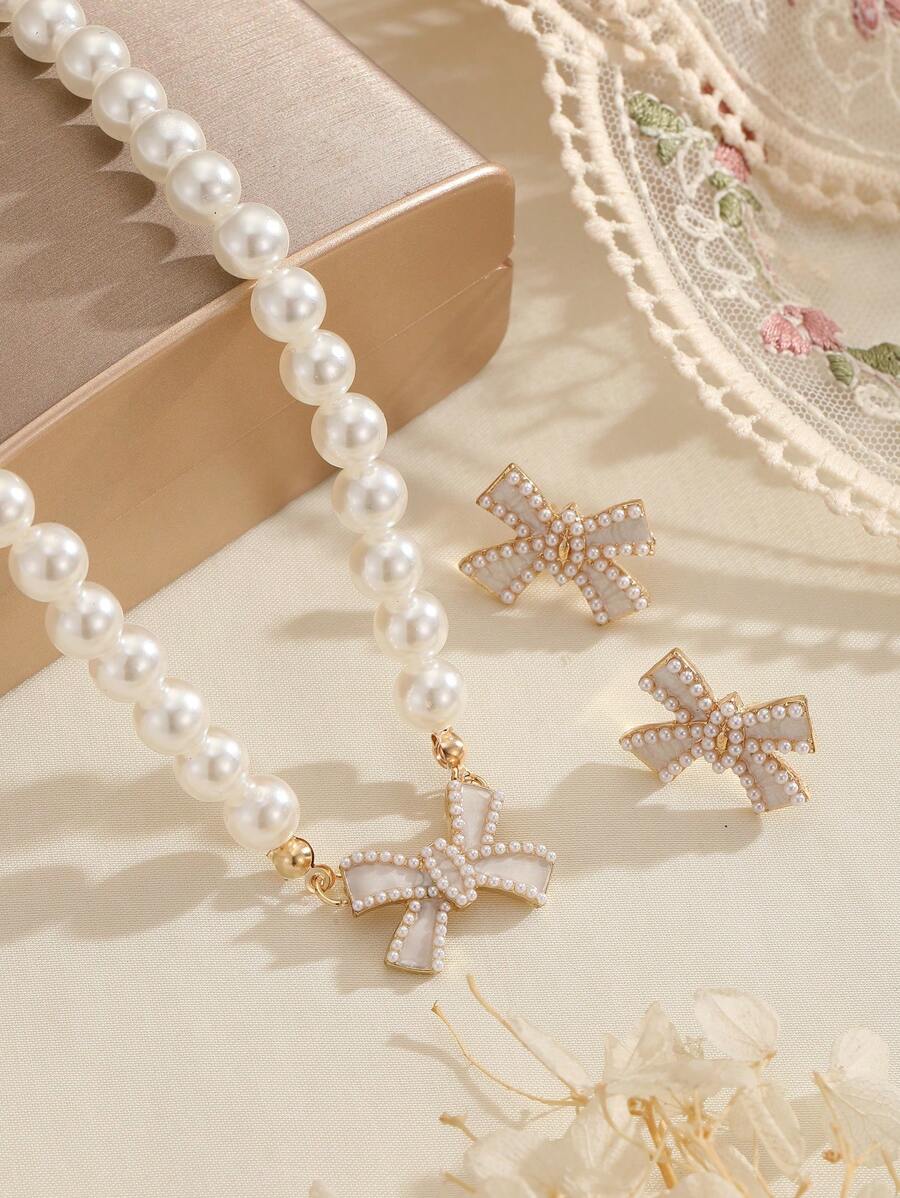 Conjunto de 1 peça/3 peças de colar e brincos de laço de pérola falsa requintados, especialmente projetados para mulheres, um presente ideal para namorada no dia dos namorados, mãe, mãe, dia das mães, presente