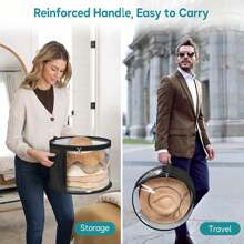 1 件超大可折叠帽子收纳盒，带加固手柄、透明窗口、双拉链和带子 - 轻便，适用于牛仔帽、太阳帽、沙滩帽、服装、玩具和日常通勤配饰 - 黑色 PVC，无印花，可水洗 - 彩色 - 查看 6