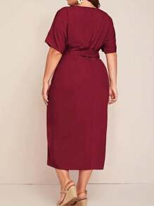 Đầm ngắn tay cổ tròn thắt nơ dáng mini dành cho nữ cỡ lớn, thời trang thanh lịch mùa hè. - Màu Đỏ Sâu - Xem 2