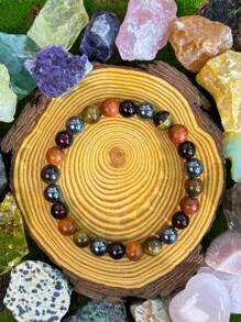 1pc/Natural Tiger Eye Stone And Wood Beads Beaded Bracelet Bohemian Style Wealth Symbol Abundance And Prosperity Day Men Women Life And Nature Balance Jewelry Suitable For All Seasons Daily Wear - Multicolor - View 3