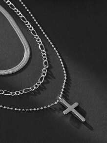 Nooxian 3 件/套时尚银色不锈钢金线扁平叶片链和铜球链多层佩戴吊坠项链 - 銀色 - 查看 2