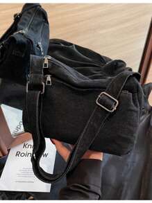 复古帆布包开学季单肩包帆布包大容量健身包斜挎包男女韩版单肩帆布个性文艺牛仔大容量水洗布班包斜挎包 - 黑色 - 查看 5