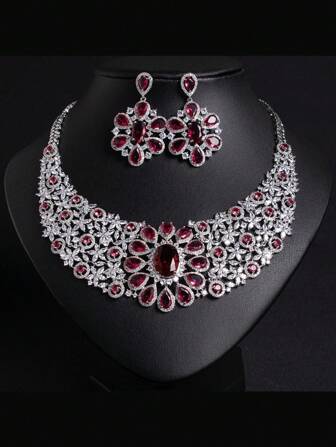 1 套/3 件时尚优雅奢华锆石新娘首饰套装 - 耳环、项链，是女性婚礼、派对、特殊场合的完美礼物