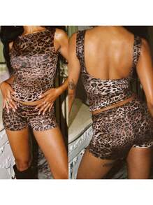 Women's 2 Piece Lounge Set Sleeveless O Neck Leopard Print Tank Tops Shorts Sleepwear Sets - Khaki - View 2