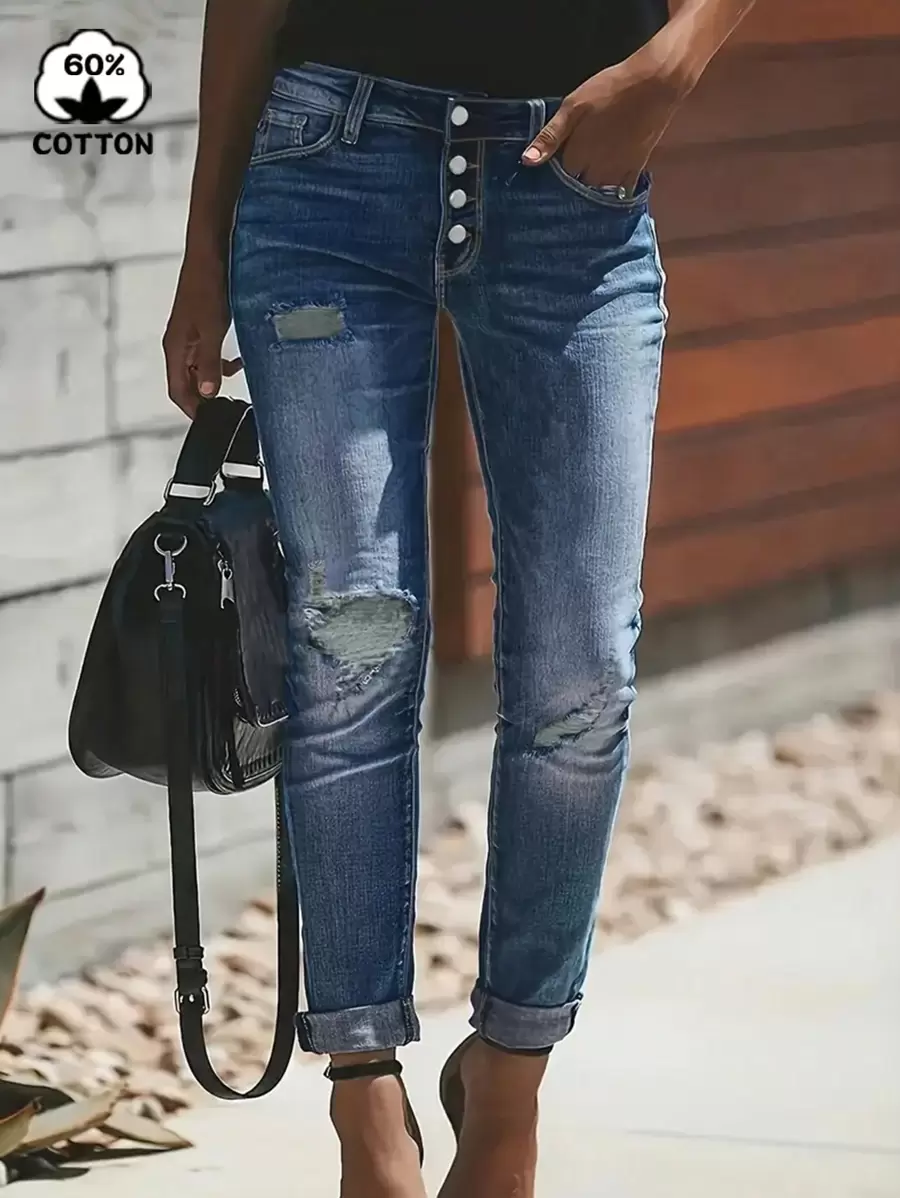 女士秋季做旧纽扣门襟修身牛仔裤