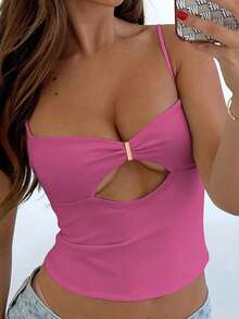 Women Solid Color Hollow Ruffle Fitted Sexy Camisole Top, Music Festival Y2K Style - Hot Pink - View 6