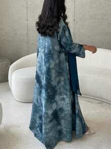 1 件优雅休闲细节印花开衩袖口长袍，阿拉伯迪拜时尚沙特开放式长袍，适合日常穿着和聚会，无需头巾，朴素的长袍 - 霧霾藍 - 查看 3
