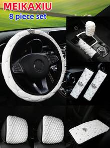 MEIKAXIU 8 件/套 PU 皮革人造羊皮纹理刺绣皇冠闪亮钻石汽车方向盘套、肩垫、扶手套、手刹套、换档旋钮套、头枕垫、汽车内饰配件，适用于女士 - 8pcs - 查看 9