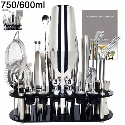 KCJLHGT 2-22-delars cocktailshakerset, 750 ml (25 oz), 750/600 ml (25/20 oz) Boston Shakers, barverktyg i rostfritt stål, bartendingkit med svart akrylställ, cocktailrecept för drinkblandning, hem, bar, fest