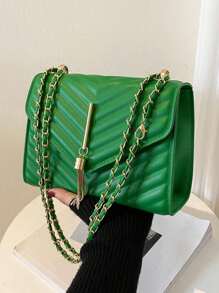 Metal V Decor Square Shoulder Bag, Quilted Chain Flap Evening Bag With Detachable Chain, New PU Leather Solid Color Handbag & Purse, Lightweight Messenger Bag Office Commuter Shopping Bag, Casual Phone Coin Crossbody Bags - Green - View 11