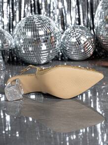Women's Pointed Toe Crystal Heels Mary Janes Open Design Gold High Heels, Suitable For Outing, Party, Wedding Events