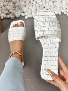 Women Flat Slip On Sandals With Slip-On Stone Texture, Matching Color Insole, Lightweight Breathable Design For Daily Wear In Summer - White - View 2