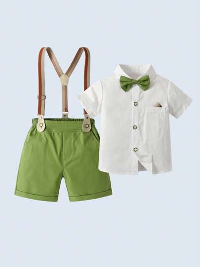 BOARNSEORL Young Boys Gentleman 2-Piece Set, White Shirt With Bow Tie And Green Suspender Shorts, Fashionable And Handsome, Suitable For Outdoor, Casual, Birthday, Wedding, Page Boy