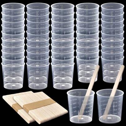 30ml/1oz Plastic Graduated Cups Transparent Scale Cups, 5/10/20Pcs Clear Epoxy Mixing Cups With 5/10/20Pcs Wooden Stirring Sticks For Resin, Epoxy, Stain, Mixing Paint (5+5,10+10,20+20,50+50)