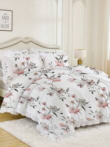 2/3pcs Magnolia Flower Ruffle Duvet Cover Set (Duvet Cover*1, Pillow Case*1/2, Without Comforter And Pillow Insert), Skin-Friendly, Breathable, Soft & Comfortable, Printed Design, Suitable For Hotel, Guest Room, Dormitory, Bedroom, All Season Bedding Set - White - View 1