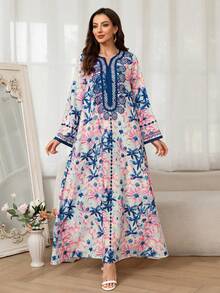 女士阿拉伯风格印花长袖连衣裙，端庄 - 彩色 - 查看 3