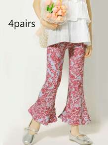 4 条儿童全印花喇叭紧身裤，中码儿童春夏休闲七分裤，适合外套 - 紅色 - 查看 3