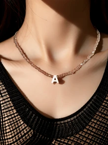 26 字母贝壳颈链女款闪亮水晶珠锁骨链女款颈吊坠项链首饰 - 粉色 - 查看 3