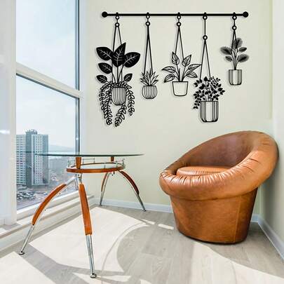 1 件黑色金属墙饰，带悬挂花盆设计 - 现代简约墙面装饰，适合客厅、露台、花园