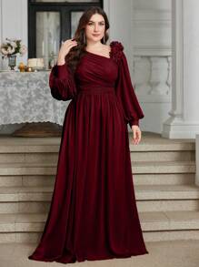 Plus Size Elegant Solid Color Chiffon Asymmetric Neck Neckline Three-Dimensional Floral Decoration Bridesmaid Dress, Party Dress, Wedding Guest Dress, Formal Dress, Evening Dress, Gown - 酒紅色 - 查看 1