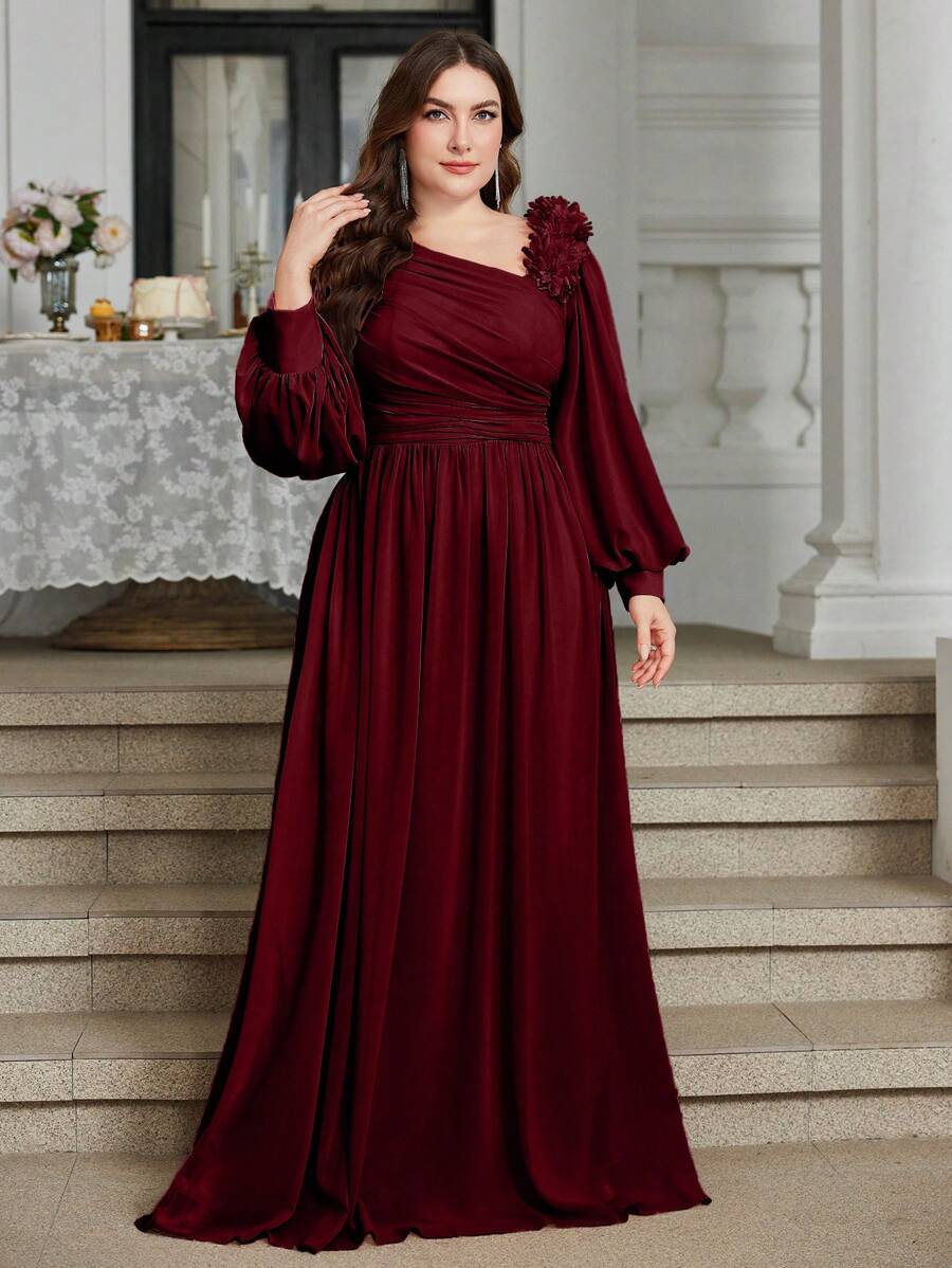 Plus Size Elegant Solid Color Chiffon Asymmetric Neck Neckline Three-Dimensional Floral Decoration Bridesmaid Dress, Party Dress, Wedding Guest Dress, Formal Dress, Evening Dress, Gown - 酒紅色 - 查看 1