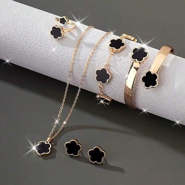 6 peças/Conjunto Jóias Femininas de Trevo de Quatro Folhas da Sorte: Colar + Brincos + Anel + Pulseira + Bracelete, Design de Liga Minimalista e Elegante, Aniversário, Natal, Comemoração de Feriados, Acessórios de Moda
