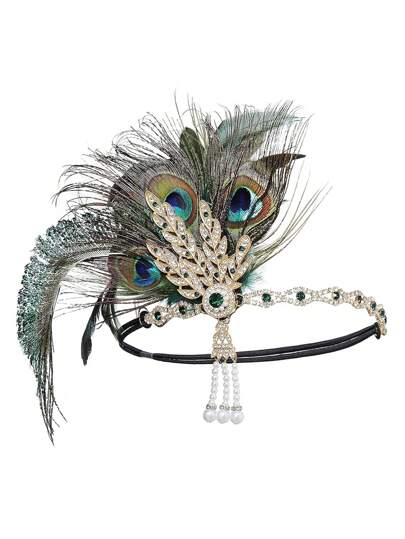 1920s Flapper Headband With Feather, Bohemian Headpiece, Zinc Alloy Rhombic Frame, Women's 1920s Headband With Feather Decor Back To School