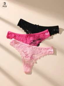 3pcs/Set Women Solid Color Sexy Lace G-String, Breathable Stretchy V-Shape Strappy Comfortable Fitted Panties