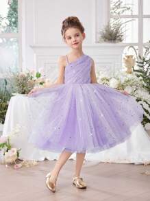 年轻女孩细肩带不对称领口水钻和亮片装饰花童连衣裙，薄纱公主裙适合生日礼物、派对、婚礼、复活节、重要节日 - 淡紫色 - 查看 4