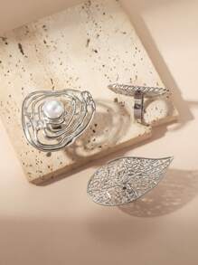 3 Stück übertriebene große Blumen Perle Cut Out Blatt Design Ringe aus Metall, modische personalisierte florale Muster Bänder - Silber - Übersicht 3