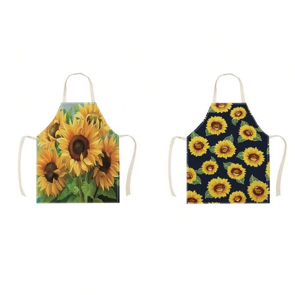 1pc Sunflower Pattern Linen Apron, Creative And Fun Stylish Printing House Cleaning Apron, Waterproof Oil Easy To Clean Kitchen Cooking Grill, Creative Home Apron, Work Uniform